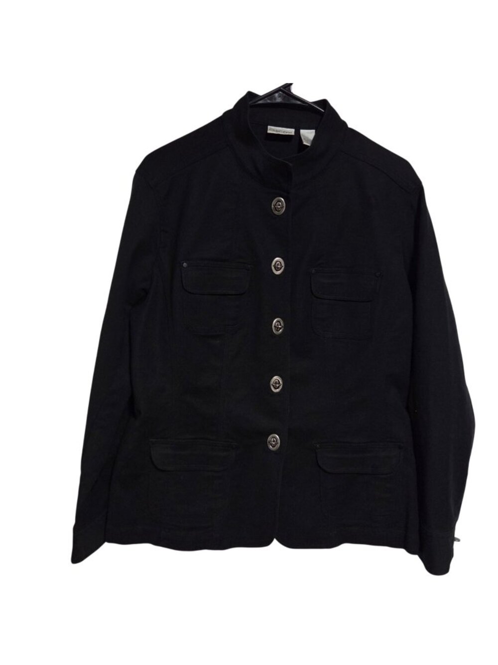 Chicos Military Style Jacket Size Large Black Button Front Utility Equestrian